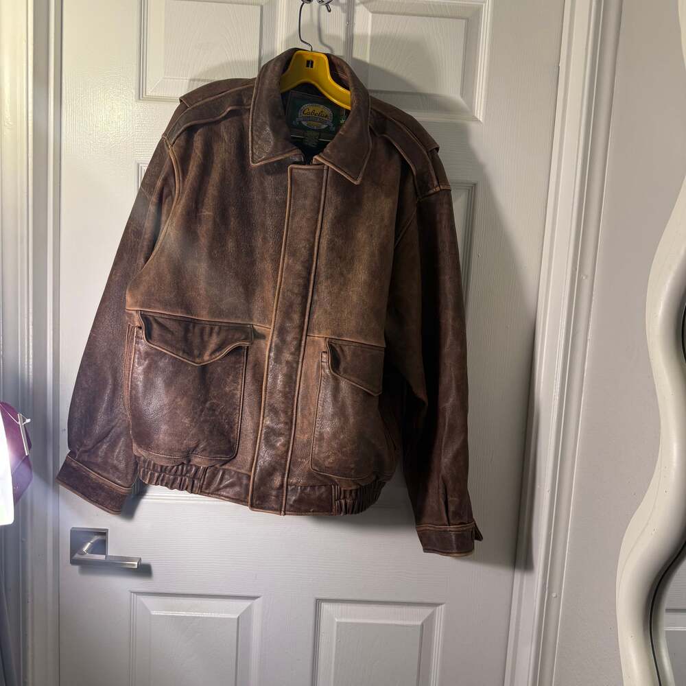 Vintage Cabela's Distressed Leather Bombe Jacket Rugged Aviator Style